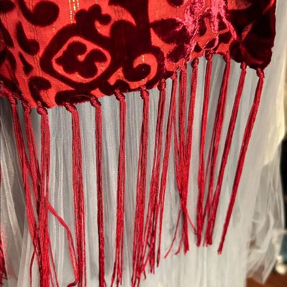 #128 Red burnout, velvet fringe scarf - Picture 3 of 10